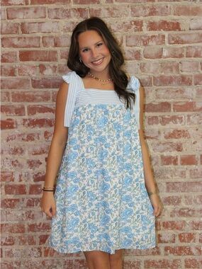 LA Society Sky Blue Floral Stripe Patchwork Bow Knot Strap Mini Dress